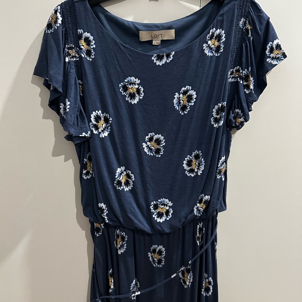 LOFT Navy Dress with White Floral Accents